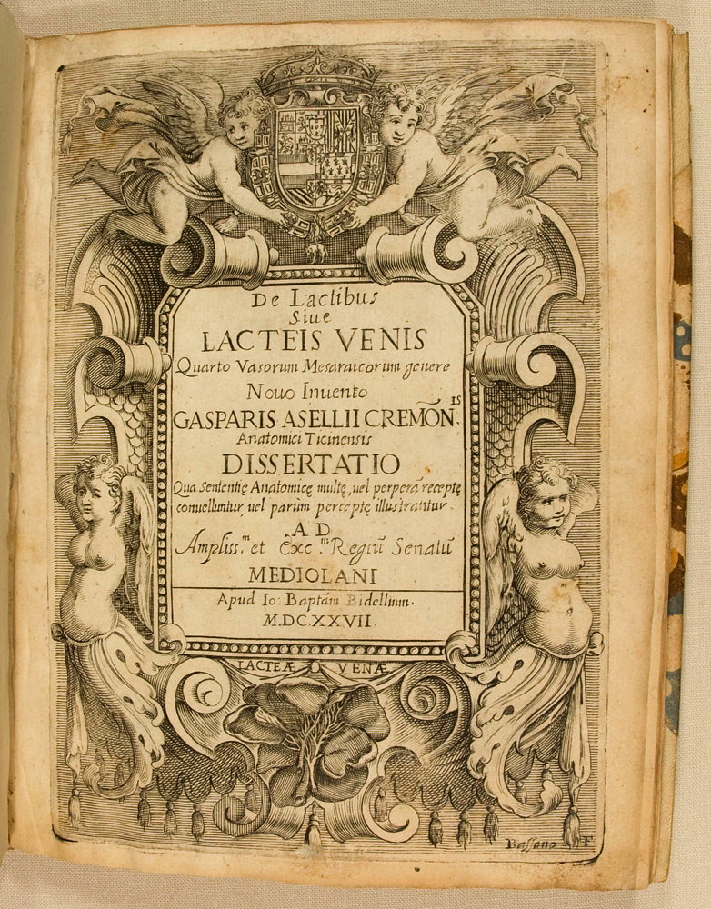Detail from title page of De lactibus sive lacteis venis.  Click to see and resize image of entire page.